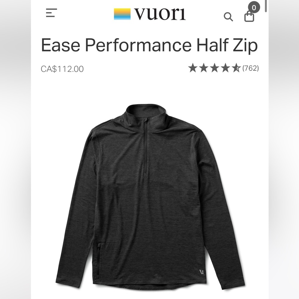 Vuori easy performance 1/2 zip. XL, new, charcoal